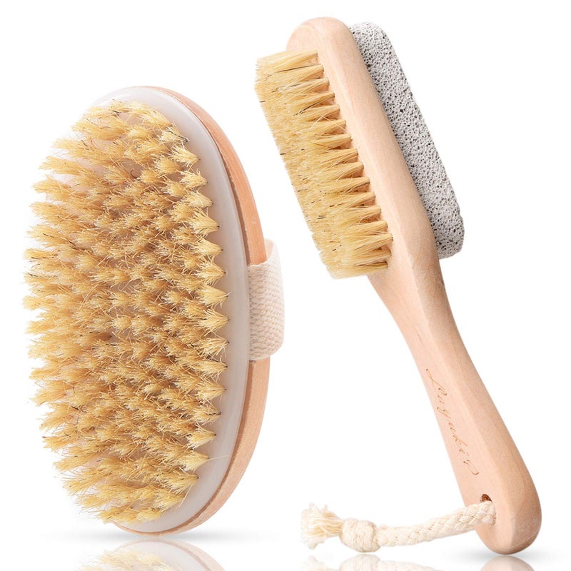 LAYUKI Body Brush for Dry or Wet Brushing and 2-Sided Foot File Scrubber Set, Exfoliating Skin, Cellulite Treatment, Foot File Scrubber with Pumice Stone - Image 1